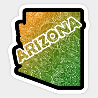 Colorful mandala art map of Arizona with text in green and orange Sticker